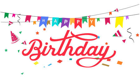 Happy Birthday lettering text banner, colorful calligraphy of birthday text with colorful confetti.のイラスト素材