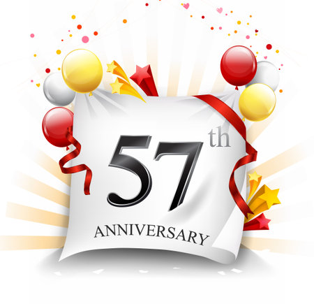anniversary vector illustration, banner, logo, icon, symbol. Graphic design element with flag, balloon, ribbon, confetti. Birthday greeting, event celebrationのイラスト素材