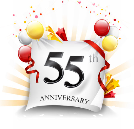 anniversary vector illustration, banner, logo, icon, symbol. Graphic design element with flag, balloon, ribbon, confetti. Birthday greeting, event celebrationのイラスト素材