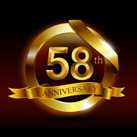 golden number anniversary logo celebration with ring and ribbon.のイラスト素材
