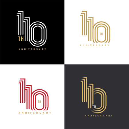 110 years anniversary vector number icon, birthday logo label, black, white and colors with stripe numberのイラスト素材