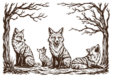 a group of fox illustration in forest vector doodle engraving illustrationのイラスト素材