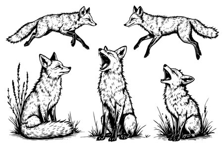 Vector hand drawn cute animal set. fox Sketch illustration with walking, playing and roaring foxesのイラスト素材