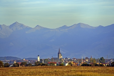Sibiu city cityscape with Fagaras mountain range in backgroundの写真素材