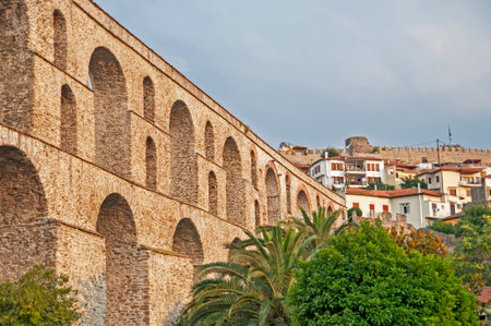 Kavala Greece, aqueduct and castleのeditorial素材