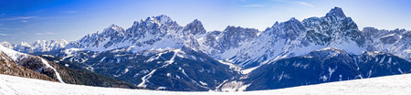 Panorama of mountain range Tre Scarperi in Dolomites, Italy in winter