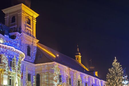 Christmas decoration lights in Sibiu main square, Transylvania, Romaniaの写真素材