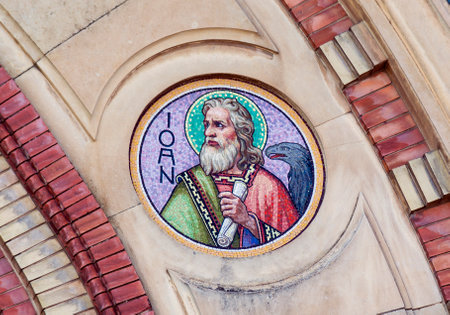 John the Baptist mosaic on cathedral in Sibiu, Romaniaのeditorial素材