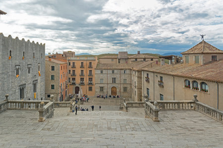 Girona, Catalonia, Spain - grand staircase in front of cathedral's squareのeditorial素材