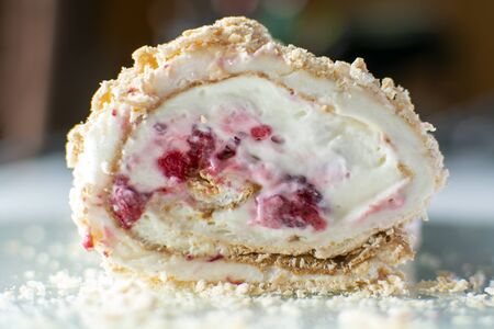 Buche meringue cake with raspberry, chantilly, mascarpone and cream 