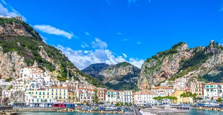 Panoramic view of the town of Amalfi, with the Amalfi Cathedral in the center in Italy, Mediterranean, Salerno Gulf on the Tyrrhenian Sea coastの写真素材