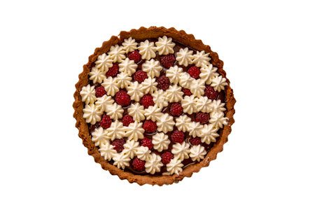 Raspberry, chocolate ganache and cream tart with cocoa biscuit pastry isolated on whiteの写真素材