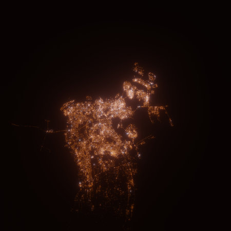 Manama (Bahrain) street lights map. Satellite view on modern city at night. Imitation of aerial view on roads network. 3d render, high resolutionの写真素材