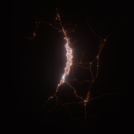 Antofagasta (Chile) street lights map. Satellite view on modern city at night. Imitation of aerial view on roads network. 3d render, high resolutionの写真素材