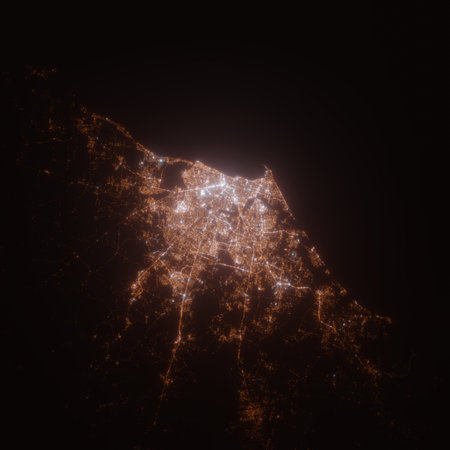 Fortaleza (Brazil) street lights map. Satellite view on modern city at night. Imitation of aerial view on roads network. 3d render, high resolutionの写真素材