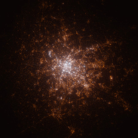 Lyon (France) street lights map. Satellite view on modern city at night. Imitation of aerial view on roads network. 3d render, high resolutionの写真素材