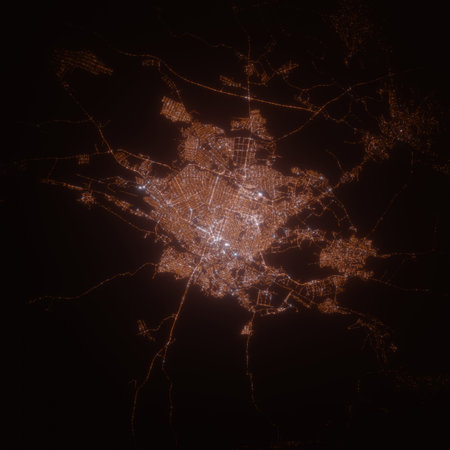 Shymkent (Kazakhstan) street lights map. Satellite view on modern city at night. Imitation of aerial view on roads network. 3d render, high resolutionの写真素材
