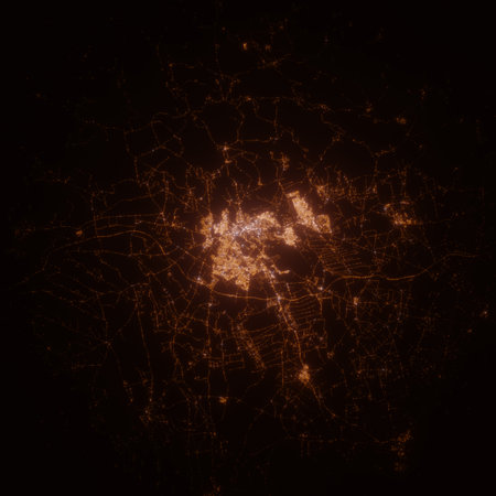 Meknes (Morocco) street lights map. Satellite view on modern city at night. Imitation of aerial view...