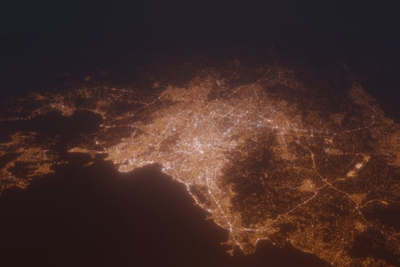 Aerial shot of Athens (Greece) at night, view from south. Imitation of satellite view on modern city...