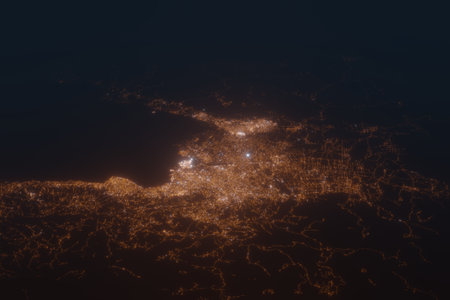 Aerial shot of Port Au Prince (Haiti) at night, view from south. Imitation of satellite view on...