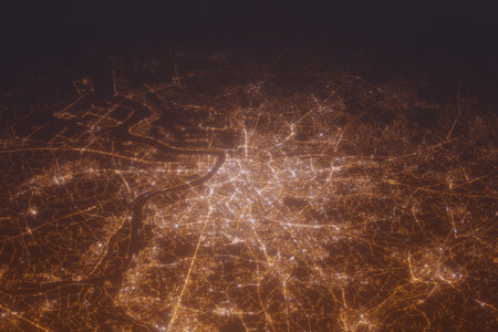 Aerial shot of Antwerp (Belgium) at night, view from south. Imitation of satellite view on modern...