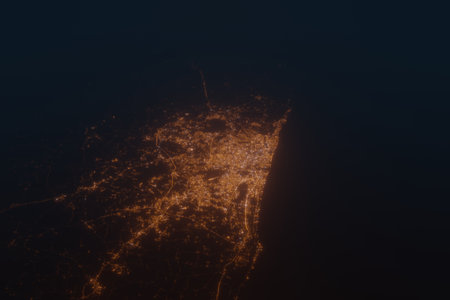 Aerial shot of Chennai (India) at night, view from south. Imitation of satellite view on modern city...