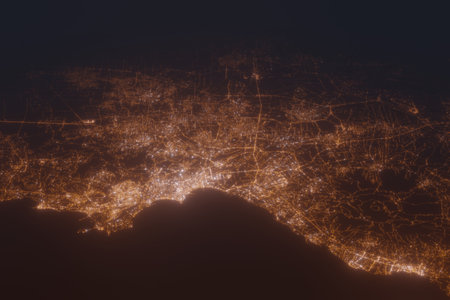 Aerial shot of Naples (Italy) at night, view from south. Imitation of satellite view on modern city...