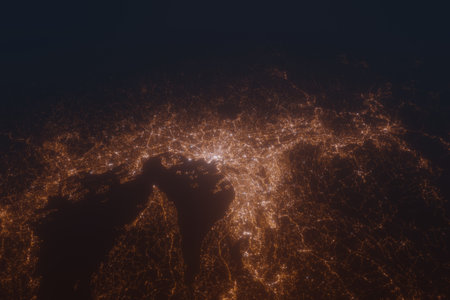 Aerial shot of Oslo (Norway) at night, view from south. Imitation of satellite view on modern city...