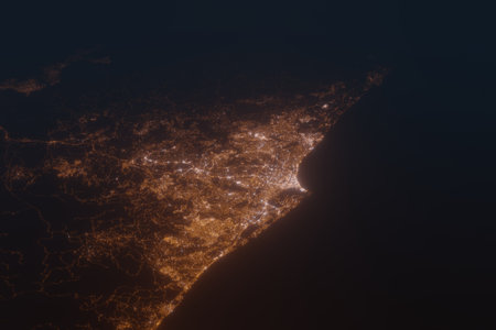 Aerial shot of Durban (South Africa) at night, view from south. Imitation of satellite view on...