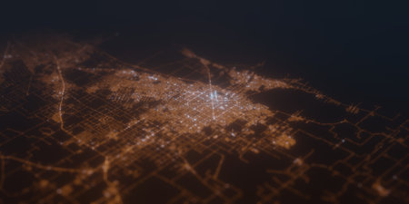 Street lights map of La Plata (Argentina) with tilt-shift effect, view from south. Imitation of...
