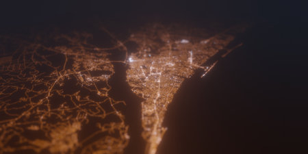 Street lights map of Wilmington (North Carolina, USA) with tilt-shift effect, view from south....