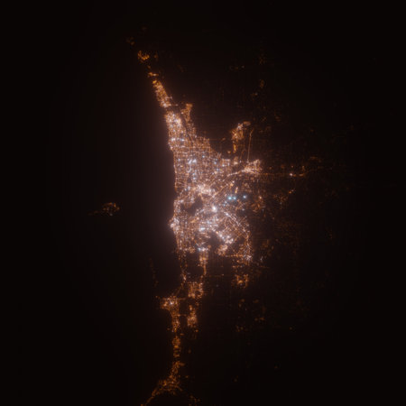 Perth (Australia) street lights map. Satellite view on modern city at night. Imitation of aerial view on roads network from space. 3d render with glow effect, high resolutionの写真素材