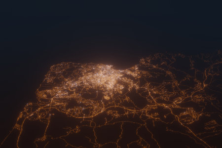Aerial shot of Tangier (Morocco) at night, view from south. Imitation of satellite view on modern city with street lights and glow effect. 3d render, high resolutionの写真素材