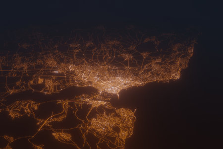 Aerial shot of Varna (Bulgaria) at night, view from south. Imitation of satellite view on modern city with street lights and glow effect. 3d render, high resolutionの写真素材