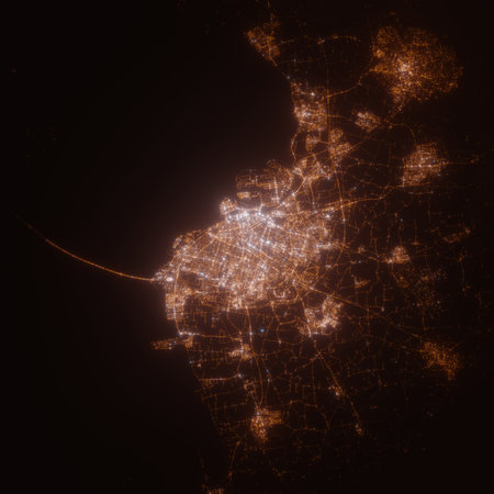 Malmo (Sweden) street lights map. Satellite view on modern city at night. Imitation of aerial view...