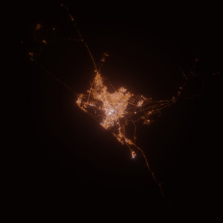 Trujillo (Peru) street lights map. Satellite view on modern city at night. Imitation of aerial view on roads network. 3d render, high resolutionの写真素材