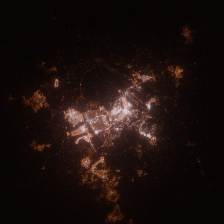 Brasilia (Brazil) street lights map. Satellite view on modern city at night. Imitation of aerial view on roads network. 3d render, high resolutionの写真素材
