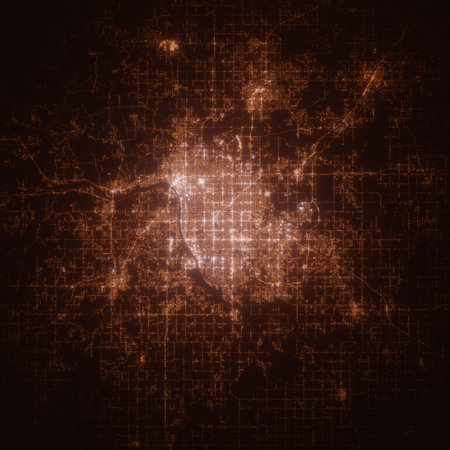 Tulsa (Oklahoma, USA) street lights map. Satellite view on modern city at night. Imitation of aerial view on roads network. 3d render, high resolutionの写真素材