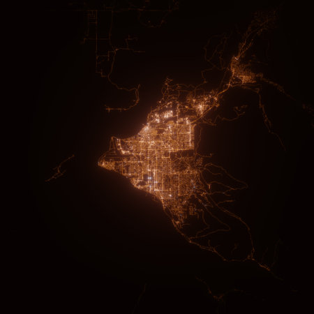 Anchorage (Alaska, USA) street lights map. Satellite view on modern city at night. Imitation of aerial view on roads network. 3d render, high resolutionの写真素材