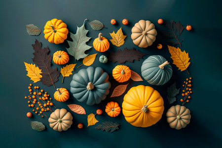Pumpkins and fall leaves on table. Generative AIの素材