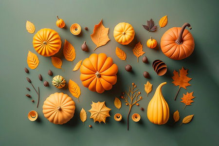 Pumpkins and fall leaves on table. Generative AIの素材