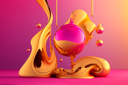 Liquid, neon, golden, pink background Generative Ai.の素材