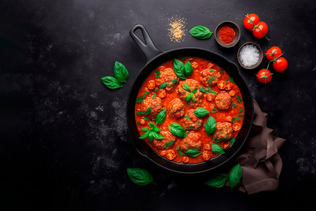 Meatballs with mushrooms in tomato sauce in frying pan Ai generativeの素材