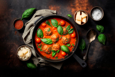 Meatballs with mushrooms in tomato sauce in frying pan Ai generativeの素材