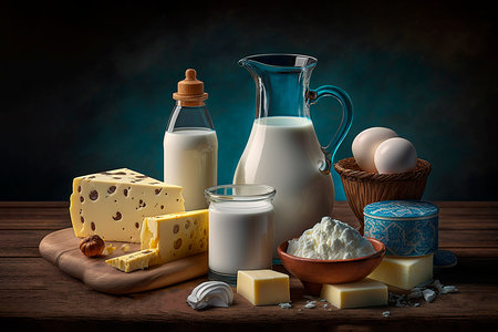 Set of dairy products on wooden table, Ai generativeの素材