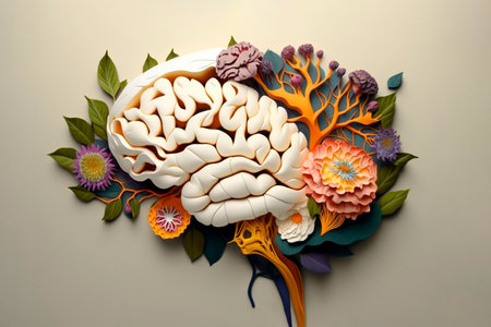 Human brain tree with flowers, self care and mental health concept, positive thinking, creative mind, generative AI.の素材