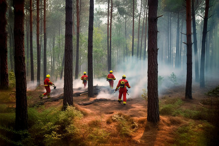 Firefighters put out a fire in the forest, Ai generative.の素材