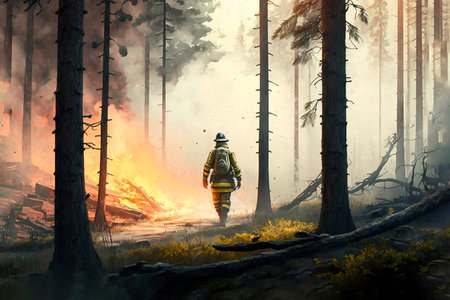 Firefighters put out a fire in the forest, Ai generative.の素材