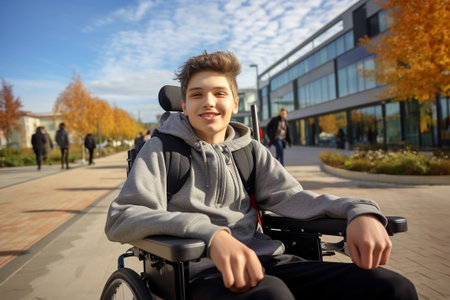 Portrait of a boy in a wheelchair in an autumn park.の素材