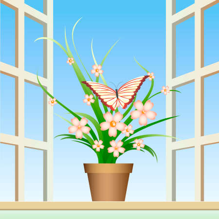 illustration of butterfly on a window plant against open windowのイラスト素材